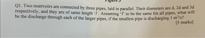 Solved Q1. Two reservoirs are connected by three pipes, laid | Chegg.com