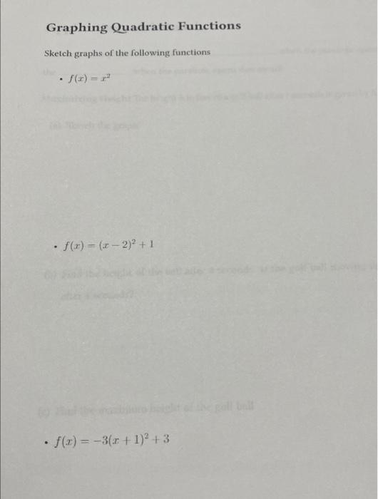 Solved Graphing Quadratic Functions Sketch graphs of the | Chegg.com