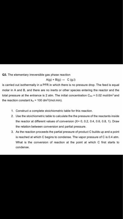 Solved Q3. The elementary irreversible gas phase reaction | Chegg.com