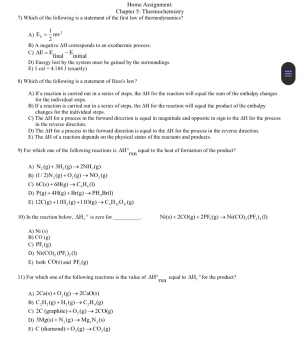 Solved Home Assignment: Chapter 5: Thermochemistry 7) Which | Chegg.com