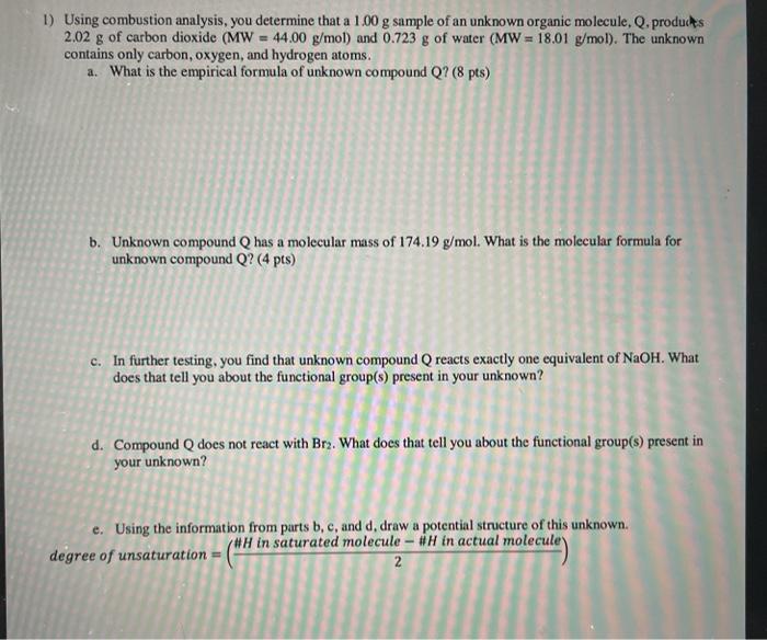 Solved 1) Using combustion analysis, you determine that a | Chegg.com