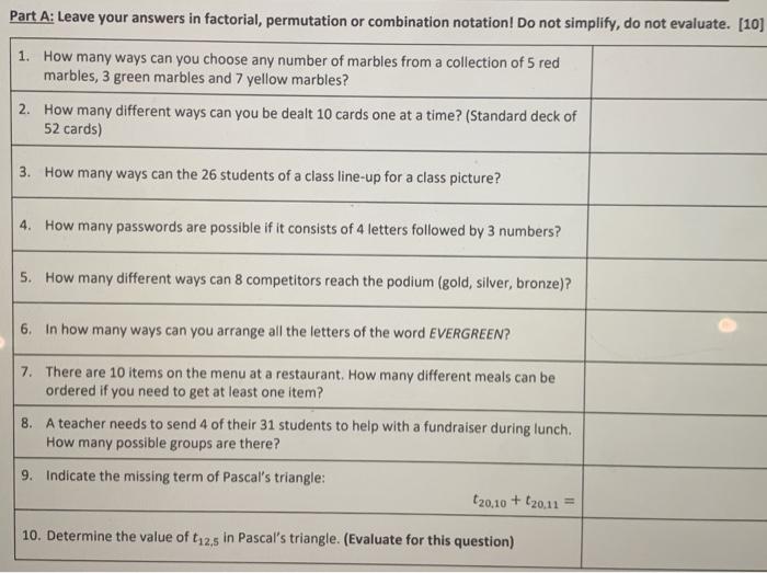 Solved Part A: Leave your answers in factorial, permutation | Chegg.com
