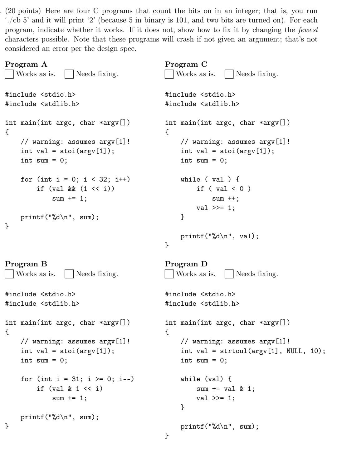 Solved (20 points) Here are four C programs that count the | Chegg.com