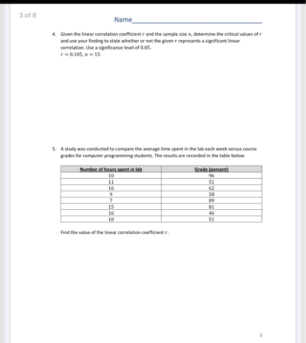 Solved 3 of 8 Name 4. Given the linear correlation | Chegg.com
