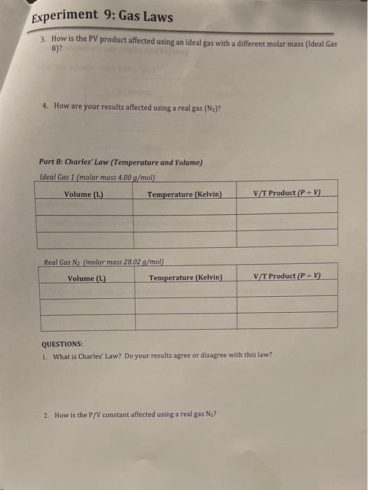 Solved Experiment 9 Gas Laws NAME Section Date
