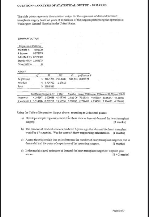 Solved QUESTION 4: ANALYSIS OF STATISTICAL OUTPUT - 10 MARKS | Chegg.com
