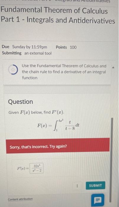 Solved Fundamental Theorem of Calculus Part 1 - Integrals | Chegg.com