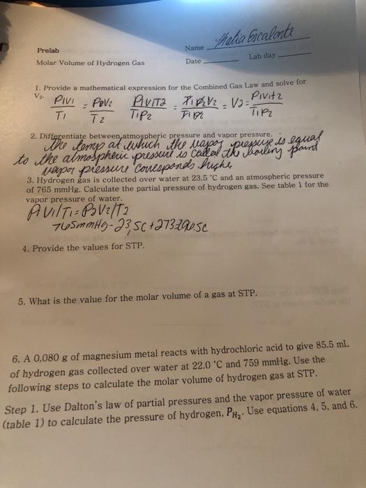 Solved Auto Escalanti Name Prelab Molar Volume Of Hydrogen 9714