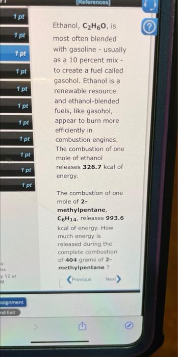 Solved References 1 Pt 1 Pt 1 Pt 1 Pt 1 Pt Ethanol C2h60 0623