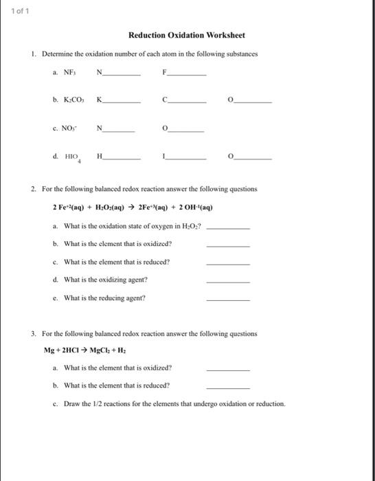 Solved 1 of 1 Reduction Oxidation Worksheet 1. Determine the | Chegg.com