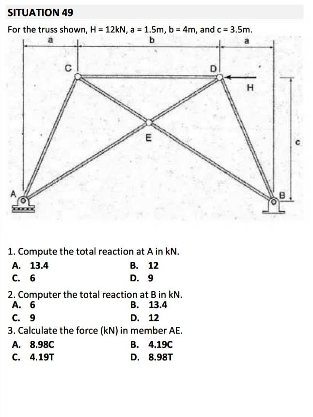 Situation 49 For The Truss Shown H 12kn A 1 5m Chegg Com