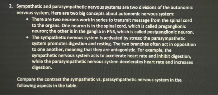 Solved 2. Sympathetic And Parasympathetic Nervous Systems | Chegg.com