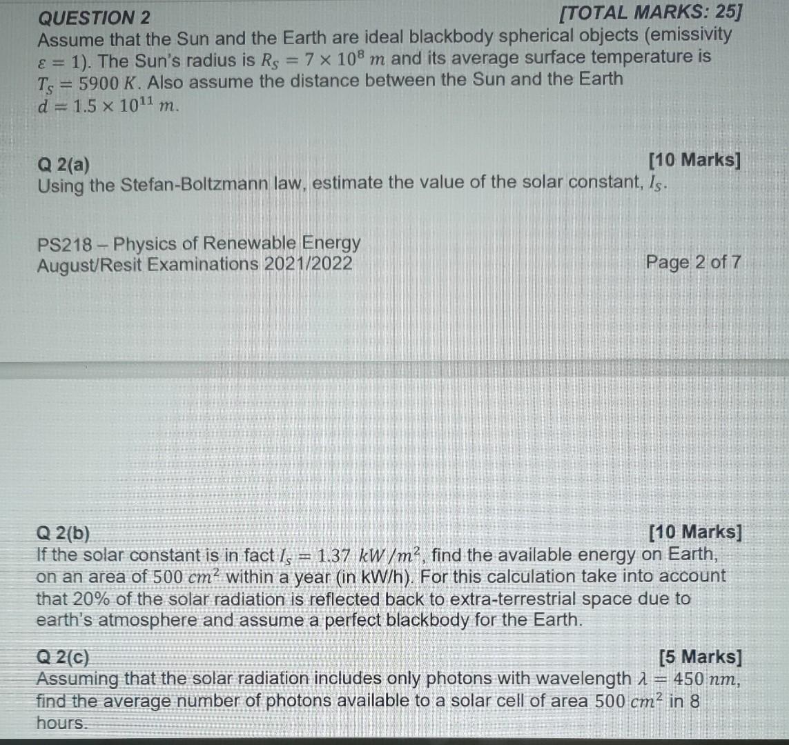 Solved QUESTION 2 [TOTAL MARKS: 25] Assume that the Sun and | Chegg.com