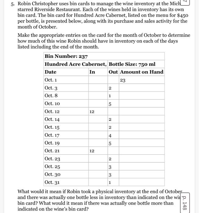 Solved 5. Robin Christopher uses bin cards to manage the