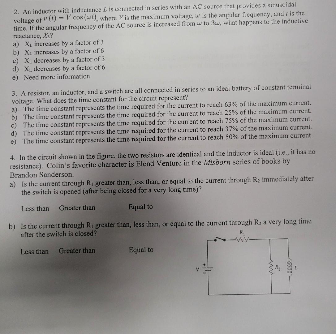Solved 2 An Inductor With Inductance L Is Connected In