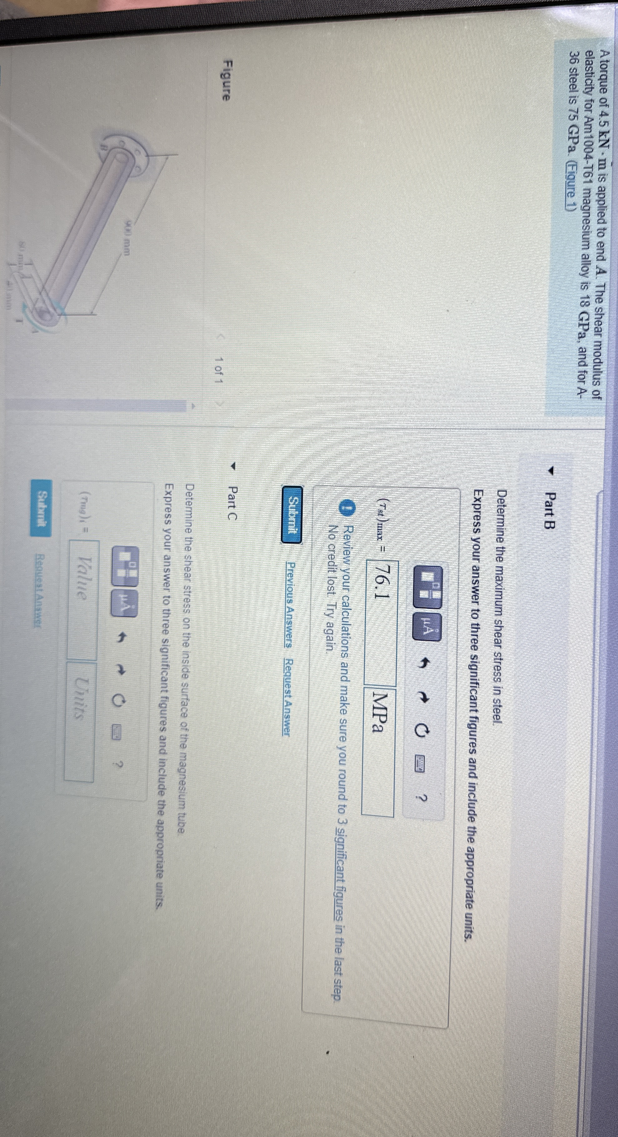 Solved A torque of 4.5kN*m ﻿is applied to end A. ﻿The shear