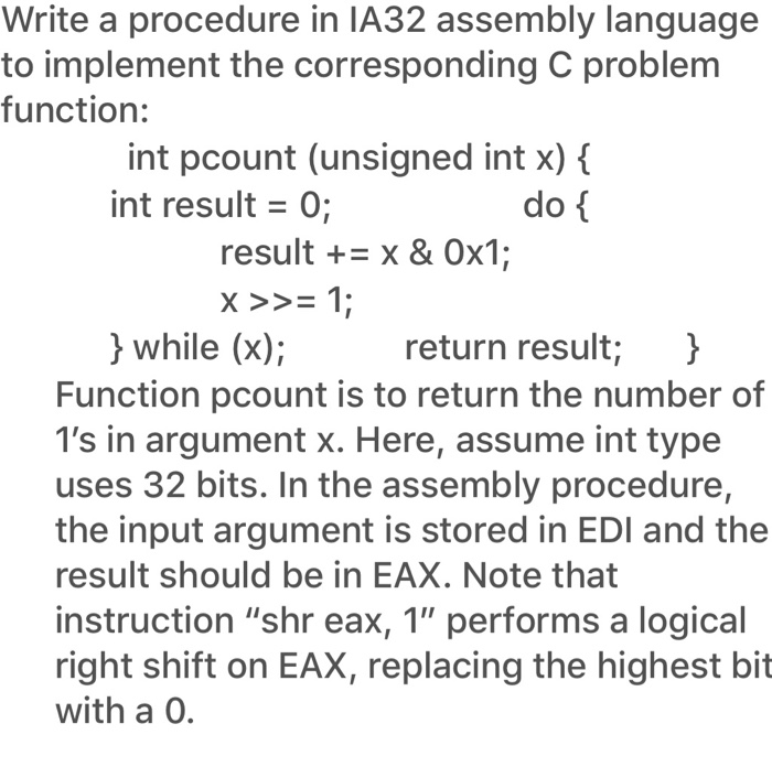 Solved Write a procedure in IA32 assembly language to | Chegg.com