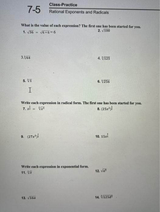 Solved 75 ClassPractice Rational Exponents and Radicals