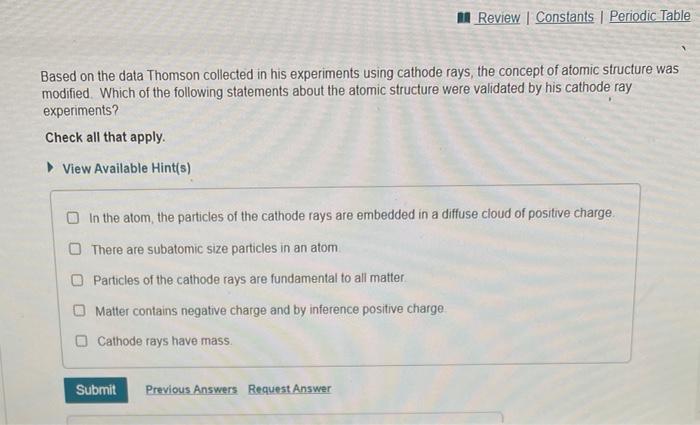 Based on the data Thomson collected in his experiments using cathode rays, the concept of atomic structure was modified. Whic