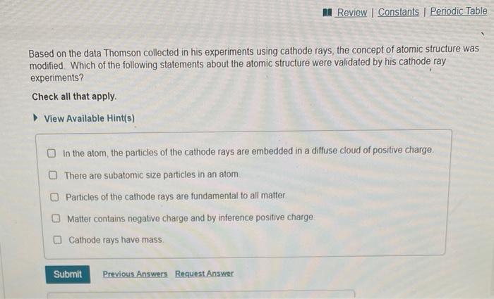 Based on the data Thomson collected in his experiments using cathode rays, the concept of atomic structure was modified. Whic