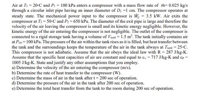 Solved Air at T1=20∘C and P1=100kPa enters a compressor with | Chegg.com