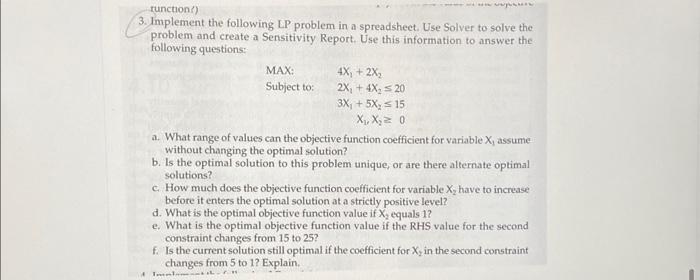 Solved runction?) 3. Implement the following LP problem in a | Chegg.com