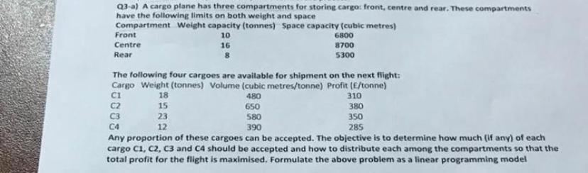 Solved Q3-a) ﻿A cargo plane has three compartments for | Chegg.com