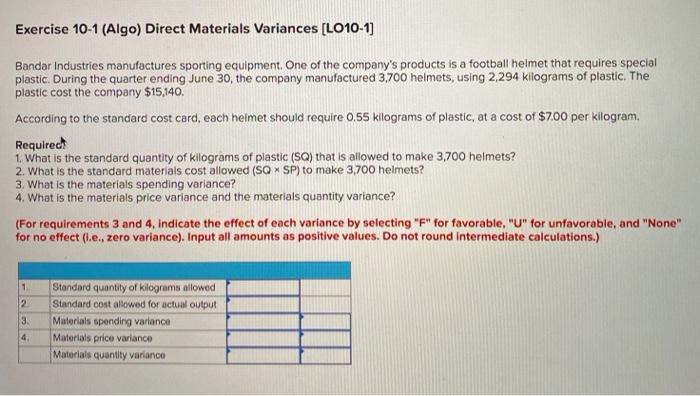 Solved Exercise 10-1(Algo) Direct Materials Variances | Chegg.com