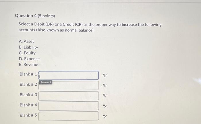 Solved Question 4 (5 points) Select a Debit (DR) or a Credit | Chegg.com