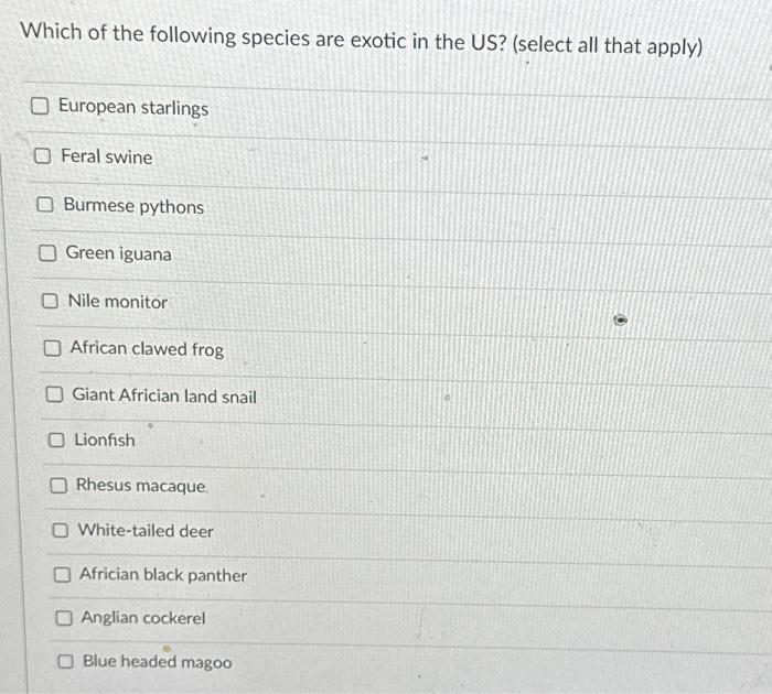 Solved Which of the following species are exotic in the US? Chegg com