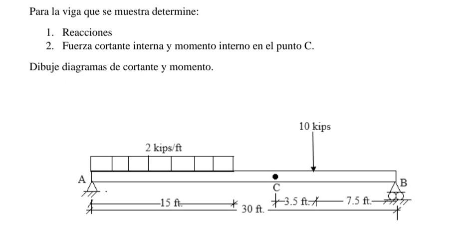 Para la viga que se muestra determine: 1. Reacciones 2. Fuerza cortante interna y momento interno en el punto \( \mathrm{C} \