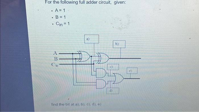 Solved For The Following Full Adder Circuit, Given: - A=1 - | Chegg.com