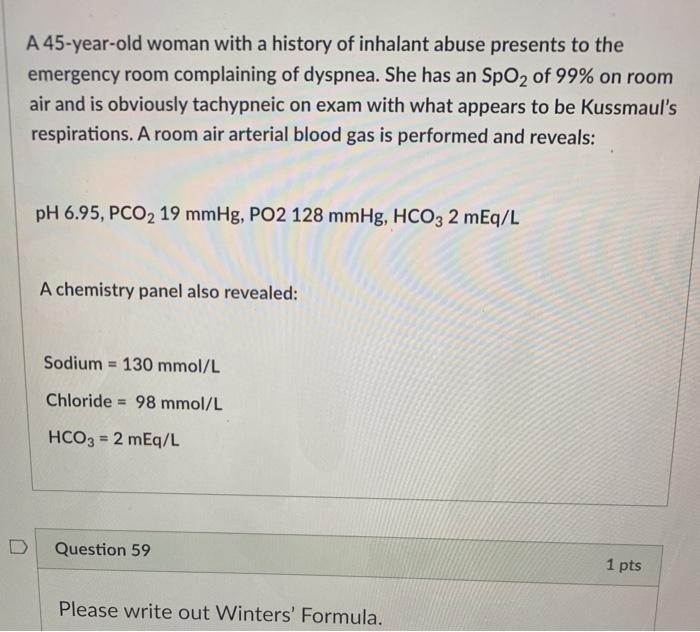 A 45-year-old woman with a history of inhalant abuse presents to the emergency room complaining of dyspnea. She has an SpO2 o