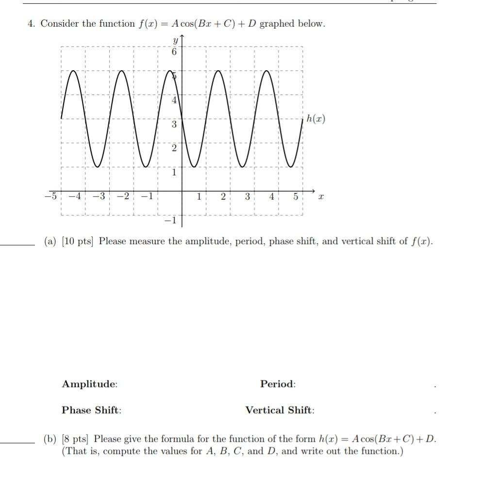 Solved 4. Consider the function f(x) = Acos(Bx +C) + D | Chegg.com