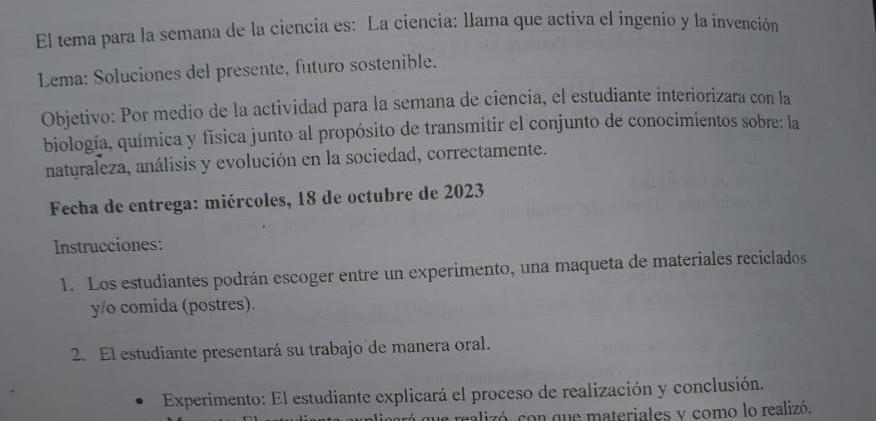 El tema para la semana de la ciencia es: La ciencia: llama que activa el ingenio y la invención Lema: Soluciones del presente