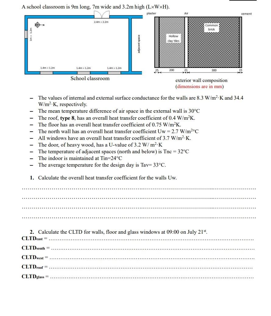 A school classroom is 9m long, 7m wide and 3.2m high