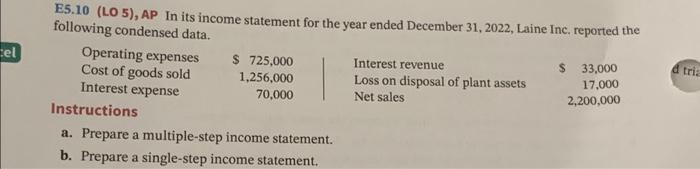 cel E5.10 (LO 5), AP In its income statement for the | Chegg.com