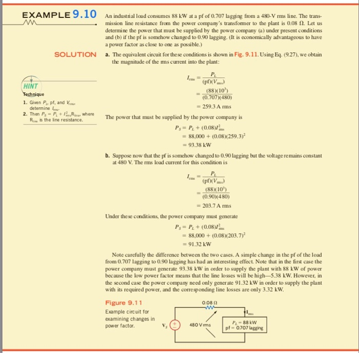 Solved EXAMPLE 9.10 An industrial load consumes 88 kW at a