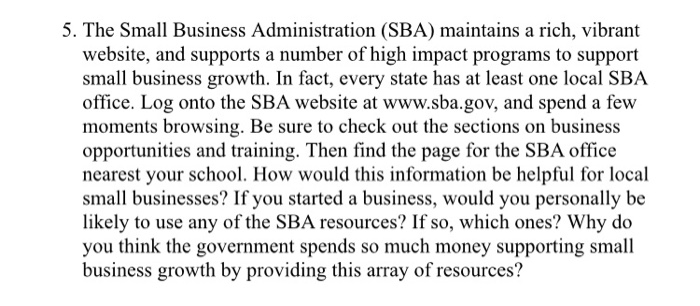 Local Sba 5. The Small Business Administration (SBA) maintains | Chegg.com
