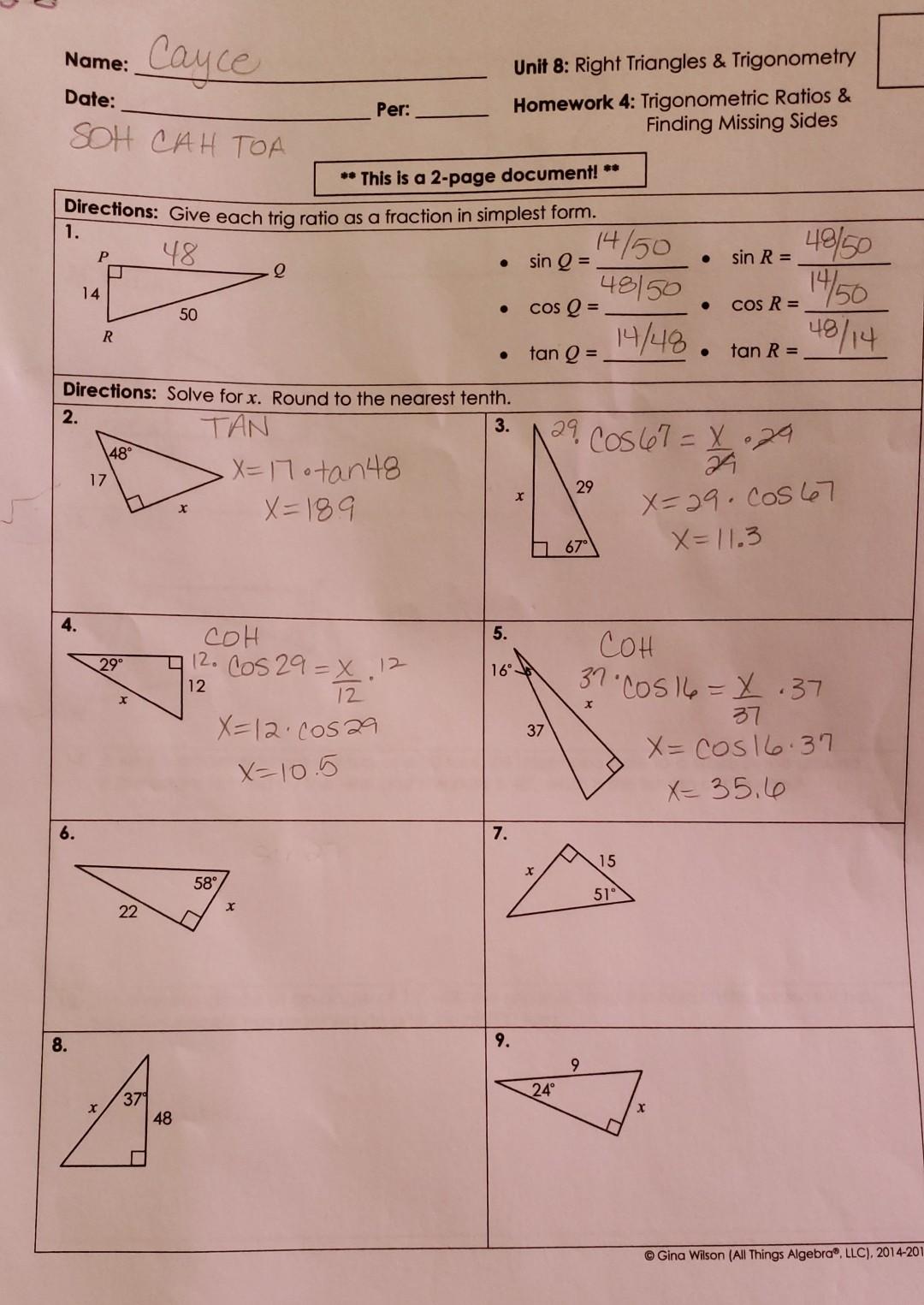 Solved Name Cayce Date Per Unit 8 Right Triangles And 6264