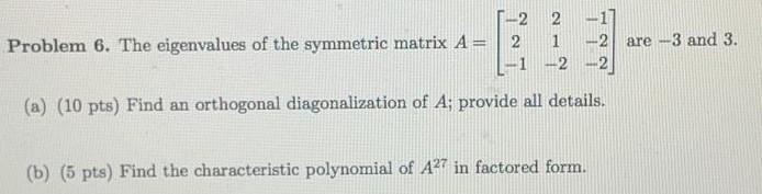 Solved Problem 6. The eigenvalues of the symmetric matrix A= | Chegg.com