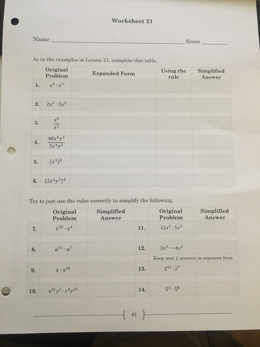 Solved Worksheet 21 Name Score As in the examples in Lesson | Chegg.com