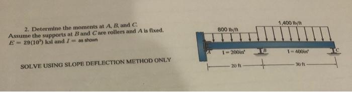 2. Determine the moments at \( A, B \), and \( C \). Assume the supports at \( B \) and \( C \) are rollers and \( A \) is fi