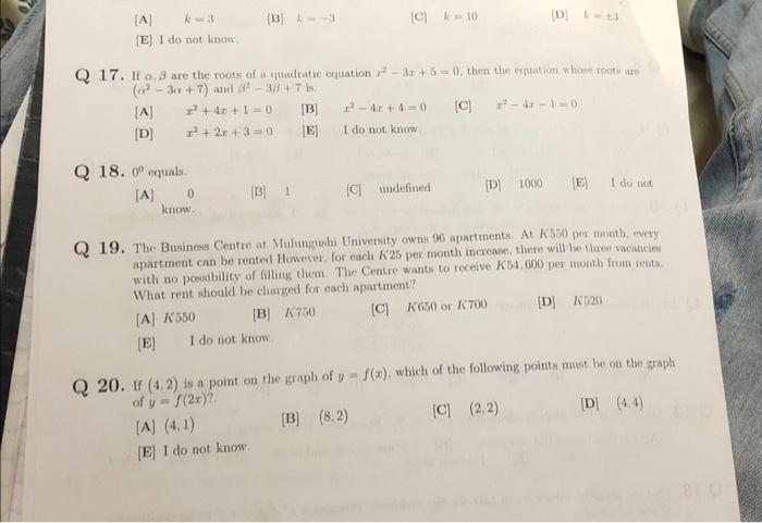 Solved [A] k=3 (B) k=−3 [C] k=10 [D] 1,=±3 [E] I do not know | Chegg.com