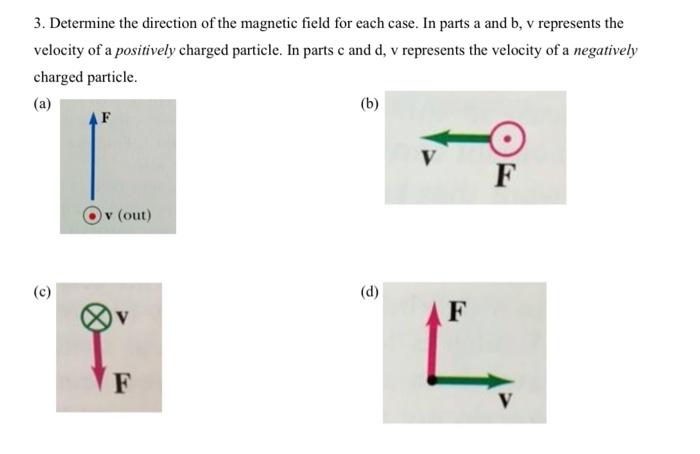 3. Determine the direction of the magnetic field for each case. In parts a and \( b, v \) represents the velocity of a positi