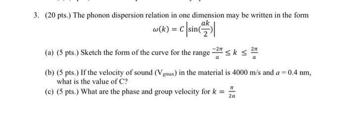 Solved 3. (20 pts.) The phonon dispersion relation in one | Chegg.com