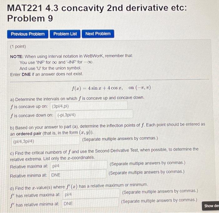 Solved MAT221 4.3 concavity 2 nd derivative etc: Problem 9 | Chegg.com