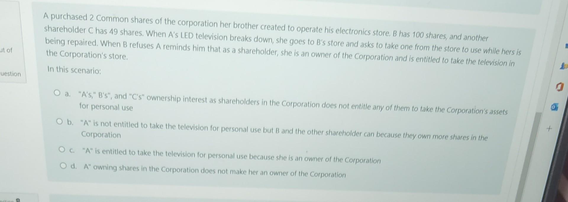 Solved A Purchased 2 Common Shares Of The Corporation Her | Chegg.com