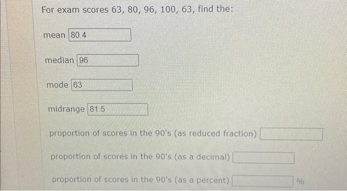 Solved For exam scores 63, 80, 96, 100, 63, find the: mean | Chegg.com