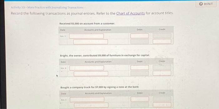 Solved Activity 3.b - More Practice With Journalizing | Chegg.com